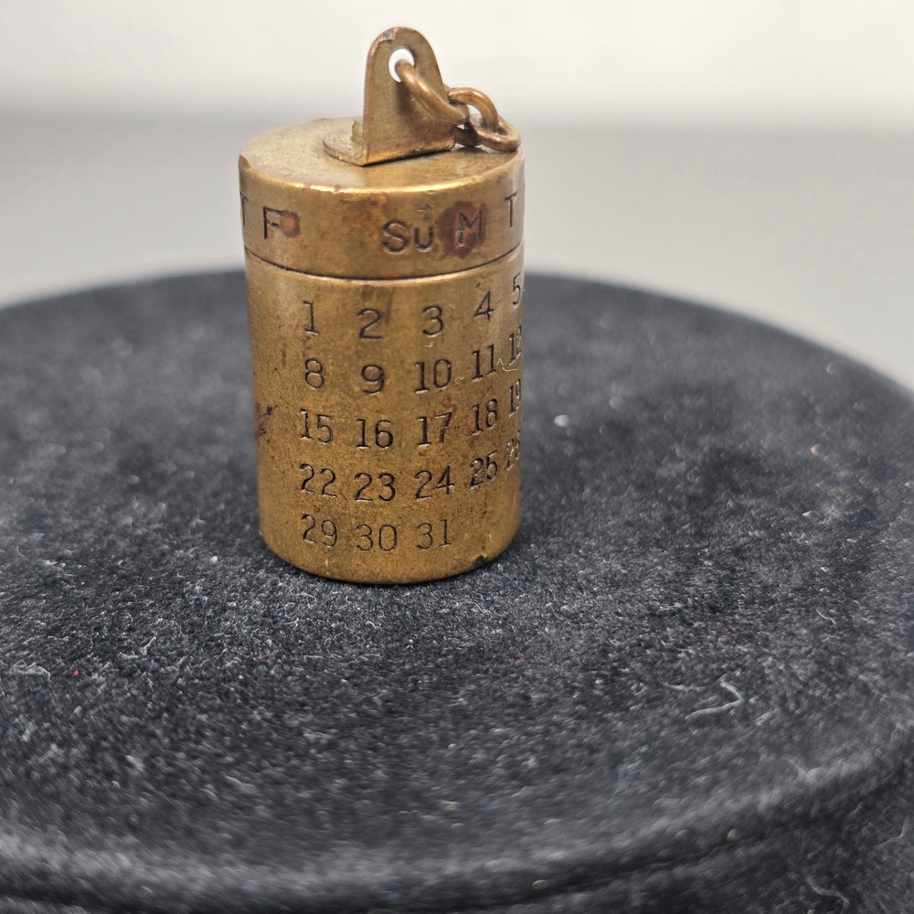 Antique Brass Perpetual Calendar Charm Rotating Cylinder Date Chain Fob Pendant